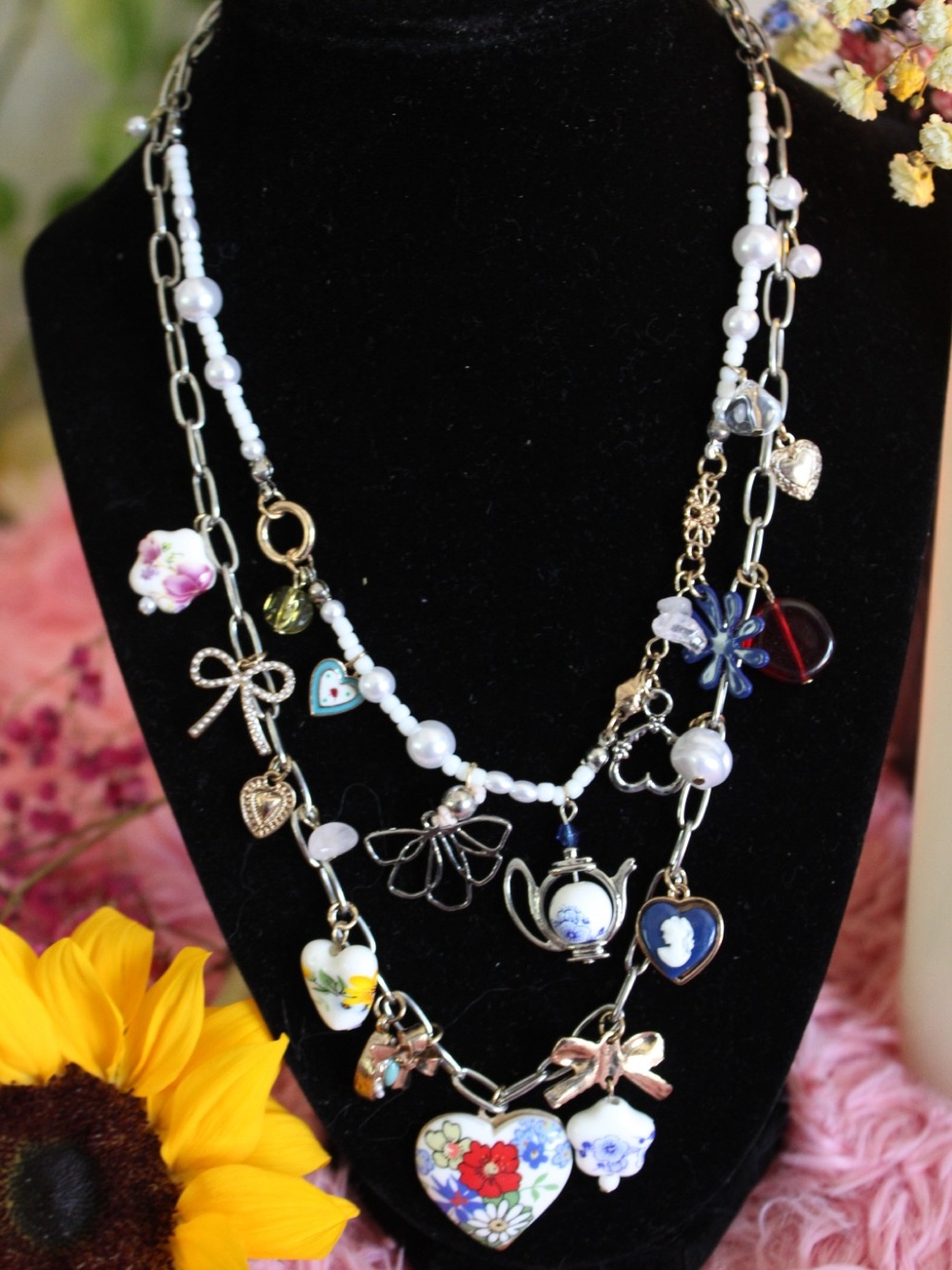 NWT Free People Layered Pearl Floral Charm Necklace MSRP $68 - Picture 6 of 14